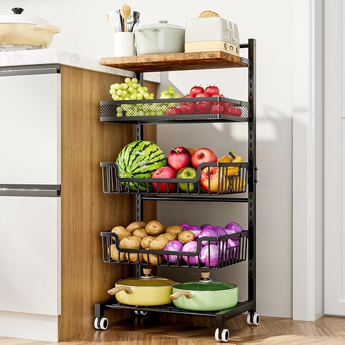 HapiRm 5 Tier Fruit Basket Kitchen Storage Cart, Adjustable Fruit and Vegetable Basket, Wooden Top Table Fruit Rack, Snack Cart with Wheels, Metal Mesh and Wire Storage Basket for Onions and Potatoes - LeafyLoom
