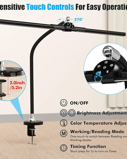 Megainvo LED Desk Lamp with Clamp, 24W Desk Light w/Timer & USB Charging for Home Office, Eye-Care Desk Lamps 5 Color Modes Stepless Dimming Adjustable Table Light for Monitor Work Study Reading - LeafyLoom