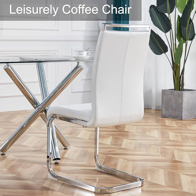 Dining Chairs Set, Kitchen Modern Metal Chairs with Faux Leather Padded Seat High Back and Sturdy Chrome Legs, Chairs for Dining Room (White-1, Set of 4) - LeafyLoom