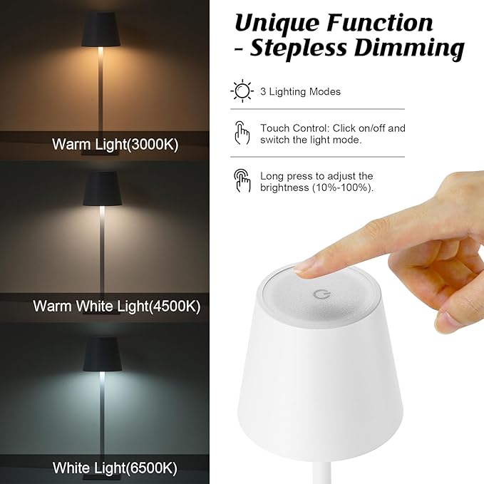 2 Pack Rechargeable Table Lamp, LED Cordless Desk Lamp, 5200mAh Battery Operated Table Light, 3 Color Stepless Dimming Up Waterproof for Coffee Table/Indoor/Outdoor (White 2Pack) - LeafyLoom