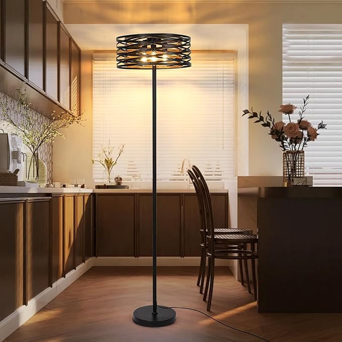 Industrial Floor Lamp for Living Room, Farmhouse Floor Lamps for Living Room Bright Lighting, Vintage Rustic Floor Lamp with Double Shades, Tall Standing Lamp for Bedroom, Office(Black) - LeafyLoom