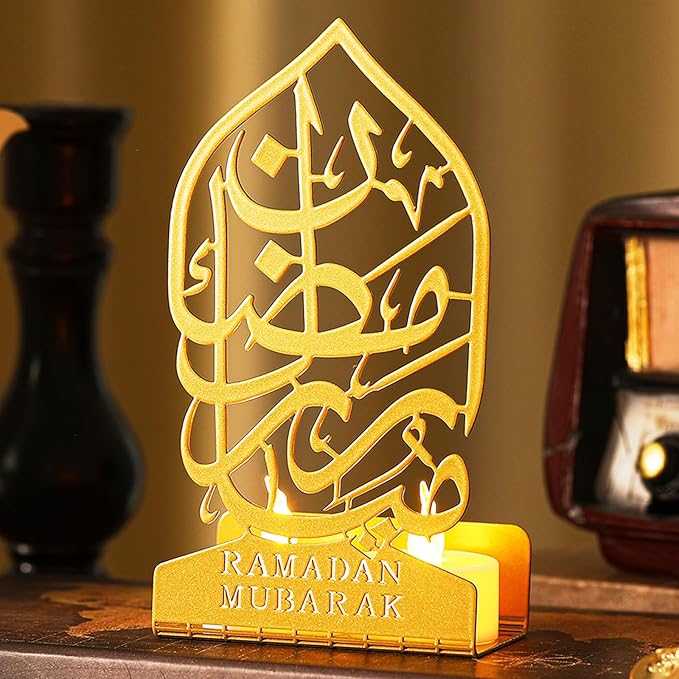 Eid Crafts Night Light 3D Metal Ramadan Eid Mubarak Ornaments Ramadan Decorations Ramadan Table Decor Ramadan Mubarak Light with 2 LED Candles for Home Eid Party Supplies (Vintage) - LeafyLoom