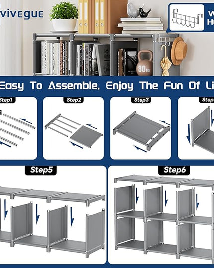 Mavivegue Book Shelf, 9 Cube Storage Organizer, DIY Bookcase, Metal Cube Bookshelf, Tall Book case for Bedroom, Living Room, Office, Closet Storage Organizer, Grey Cubicle Storage Rack - LeafyLoom