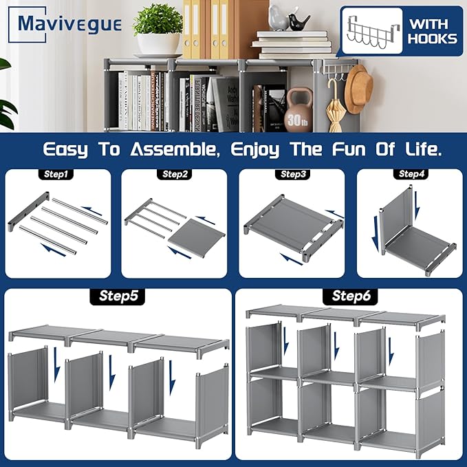 Mavivegue Book Shelf, 9 Cube Storage Organizer, DIY Bookcase, Metal Cube Bookshelf, Tall Book case for Bedroom, Living Room, Office, Closet Storage Organizer, Grey Cubicle Storage Rack - LeafyLoom