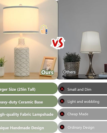 Modern Farmhouse Ceramic Nightstand Lamp, 25in Tall, White, with Handcrafted Base and Fabric Shade, E26 Socket, Bulb Excluded - LeafyLoom