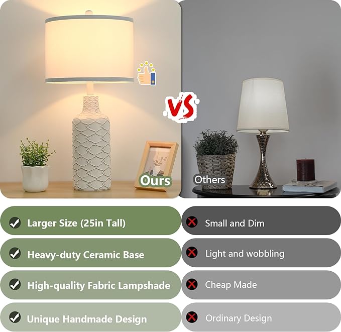 Modern Farmhouse Ceramic Nightstand Lamp, 25in Tall, White, with Handcrafted Base and Fabric Shade, E26 Socket, Bulb Excluded - LeafyLoom