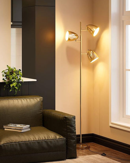 addlon Tree Floor Lamp with 3 Adjustable Rotating Lights and Matching LED Bulbs, Standing Tall Pole Lamps for Living Room, Bedroom, Home, Office - Brass Gold - LeafyLoom