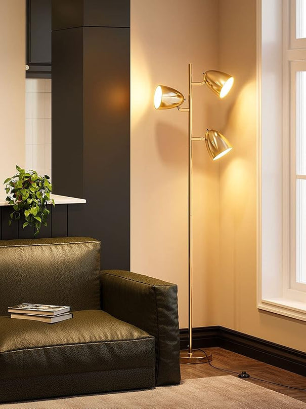 addlon Tree Floor Lamp with 3 Adjustable Rotating Lights and Matching LED Bulbs, Standing Tall Pole Lamps for Living Room, Bedroom, Home, Office - Brass Gold - LeafyLoom