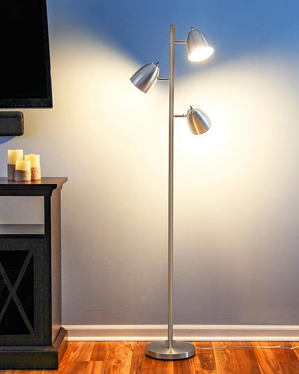 Brightech Jacob LED Standing Lamp, Modern Bright Floor Lamps for Living Rooms & Bedrooms, Tall LED Lighting Lamp with Adjustable 3 Light Tree – Satin Nickel - LeafyLoom