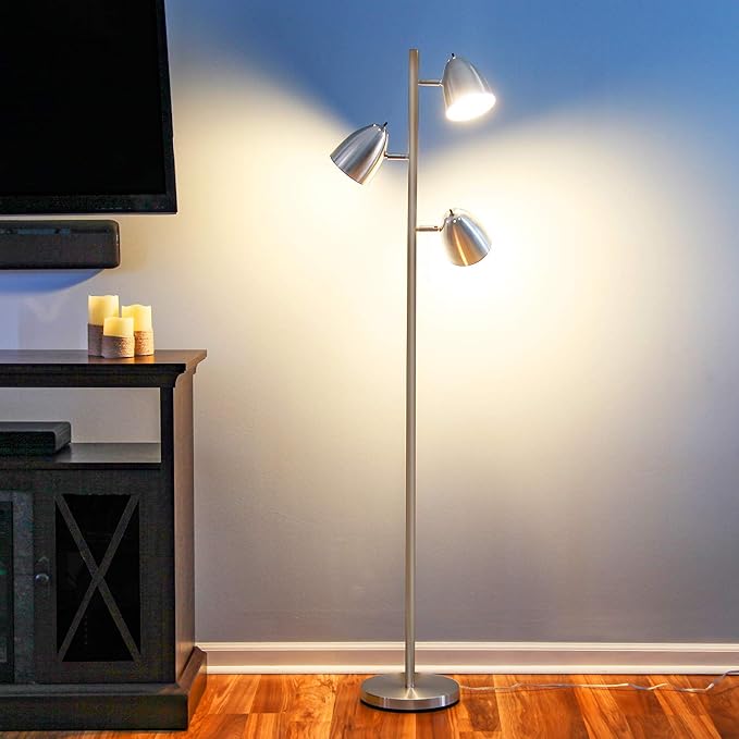 Brightech Jacob LED Standing Lamp, Modern Bright Floor Lamps for Living Rooms & Bedrooms, Tall LED Lighting Lamp with Adjustable 3 Light Tree – Satin Nickel - LeafyLoom