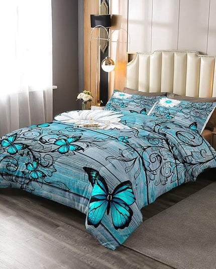 Butterfly Bedding Sets for Girls Teens Women Bedroom Rustic Flower Comforter Set King Size,Blue Butterflies White Chic Floral Duvet Set Retro Vintage Romantic Style Quilt Set Soft Lightweight - LeafyLoom