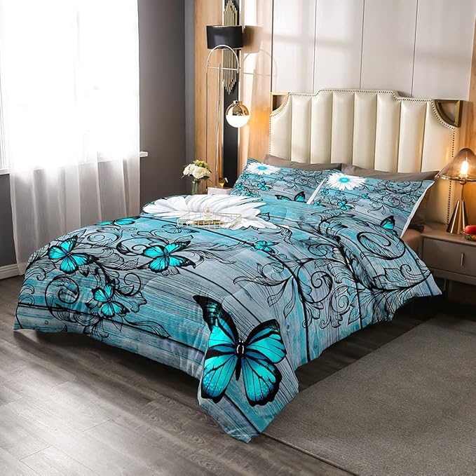 Butterfly Bedding Sets for Girls Teens Women Bedroom Rustic Flower Comforter Set King Size,Blue Butterflies White Chic Floral Duvet Set Retro Vintage Romantic Style Quilt Set Soft Lightweight - LeafyLoom