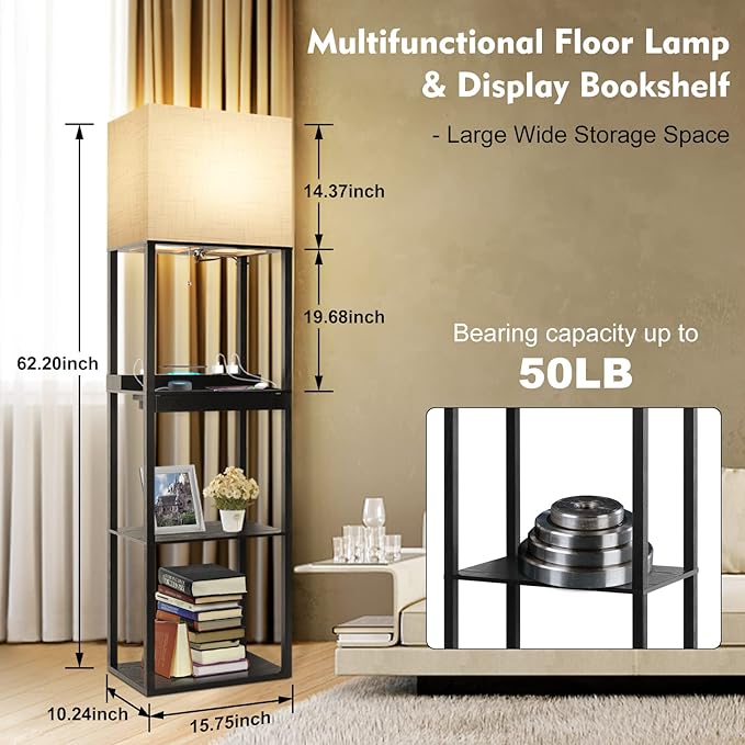RUNTOP Plus Charging Station Floor Lamp with Wireless Charger, 2 USB-C Port, 2 Power Outlet, Floor Lamp with Shelves, 15W LED Bulb, 3 Colors, Memory Function, Standing Lamp for Living Room Bedroom - LeafyLoom