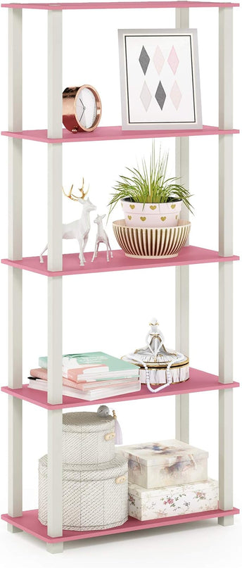 Furinno Turn-N-Tube 5-Tier Multipurpose Shelf / Display Rack / Storage Shelf / Bookshelf, Square Tubes, Pink/White - LeafyLoom