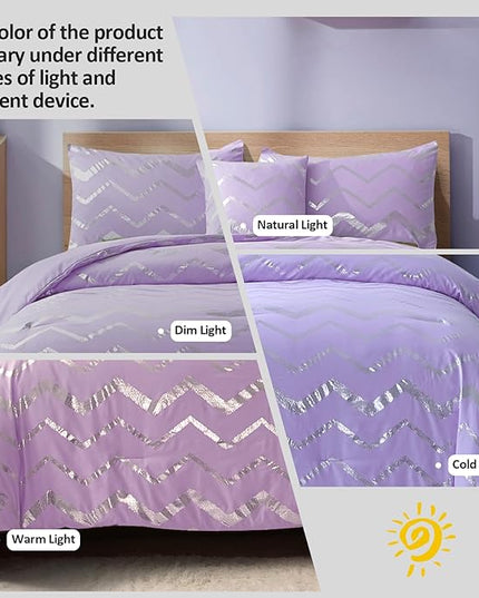 Purple/Silver Comforter Set Twin, Lavender Metallic Print Glitter Bedding Set Cute Shinny Lilac Bed Sets for Teen Girls Kids Women, 3 Piece (1 Pillowcase, 1 Decorative Pillow Sham) - LeafyLoom