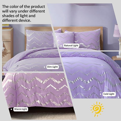 Purple/Silver Comforter Set Twin, Lavender Metallic Print Glitter Bedding Set Cute Shinny Lilac Bed Sets for Teen Girls Kids Women, 3 Piece (1 Pillowcase, 1 Decorative Pillow Sham) - LeafyLoom