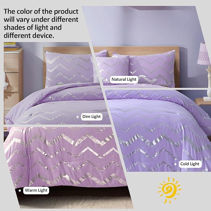 Purple/Silver Comforter Set King, Lavender Metallic Print Glitter Bedding Set Cute Shinny Lilac Bed Sets for Teen Girls Kids Women, 4 Piece (2 Pillowcases, 1 Decorative Pillow Sham) - LeafyLoom