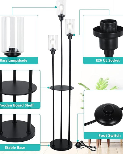 HMVPL Floor Lamps for Living Room, 3-Lights Modern Floor Lamp with Shelves, Farmhouse Standing Lamp with Glass Shades, On/Off Foot Switch, Black Industrial Tall Lamp for Bedroom Office Corner(66") - LeafyLoom