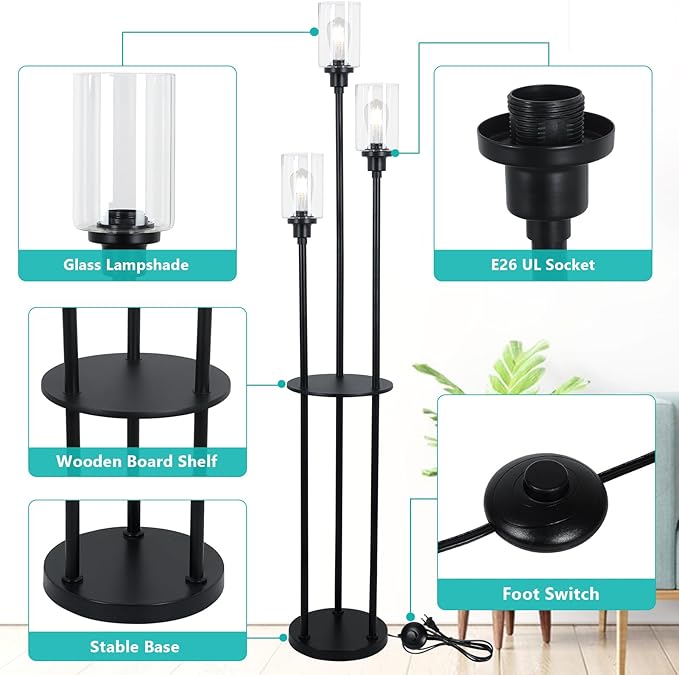 HMVPL Floor Lamps for Living Room, 3-Lights Modern Floor Lamp with Shelves, Farmhouse Standing Lamp with Glass Shades, On/Off Foot Switch, Black Industrial Tall Lamp for Bedroom Office Corner(66") - LeafyLoom