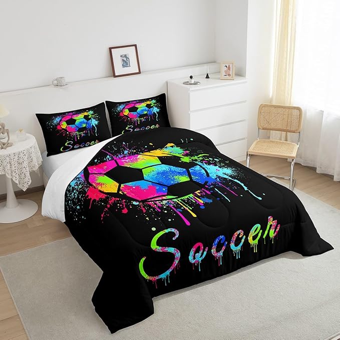Feelyou Kids Soccer Ball Game Comforter Set King Size Football Bedding Set for Boys Girls Teens Bedroom Decor Rugby Sports Comforter American Football Player Duvet Set with 2 Pillow Case - LeafyLoom