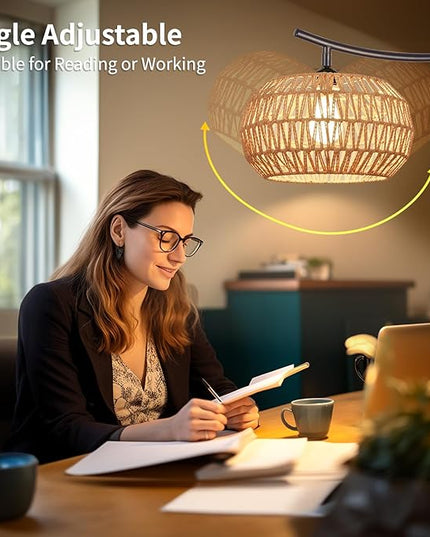 Arc Boho Farmhouse Black Floor Lamp, Standing Lamp with Rattan & Fabric Double Shade with Remote Control, Dimmable LED Bulb with 4 Color Temperature, Tall Pole for Living Room Bedroom Corner Office - LeafyLoom
