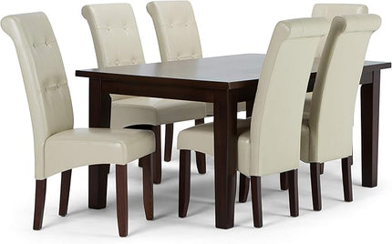 SIMPLIHOME Cosmopolitan Transitional 7 Pc Dining Set with 6 Upholstered Dining Chairs in Satin Cream Vegan Faux Leather and 66 Inch Wide Table, For the Dining Room and Kitchen - LeafyLoom