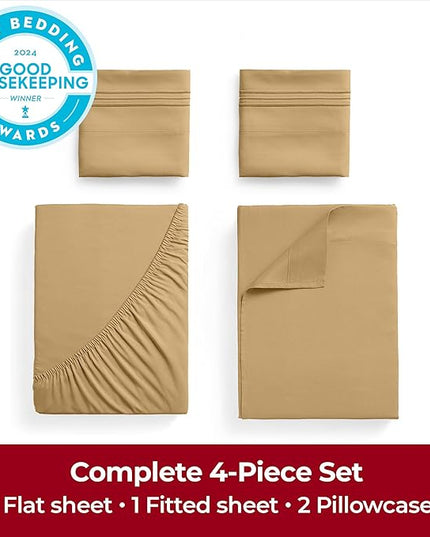 Mellanni California King Sheets Set - 4 PC Iconic Collection Bedding Sheets & Pillowcases - Hotel Luxury, Extra Soft, Cooling Bed Sheets - Deep Pocket up to 16 inch (Cal King, Gold) - LeafyLoom