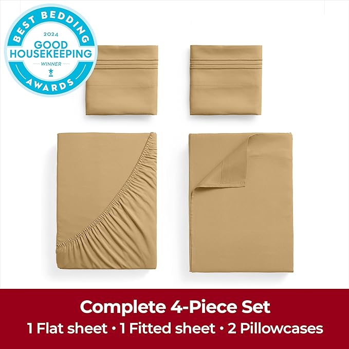 Mellanni California King Sheets Set - 4 PC Iconic Collection Bedding Sheets & Pillowcases - Hotel Luxury, Extra Soft, Cooling Bed Sheets - Deep Pocket up to 16 inch (Cal King, Gold) - LeafyLoom