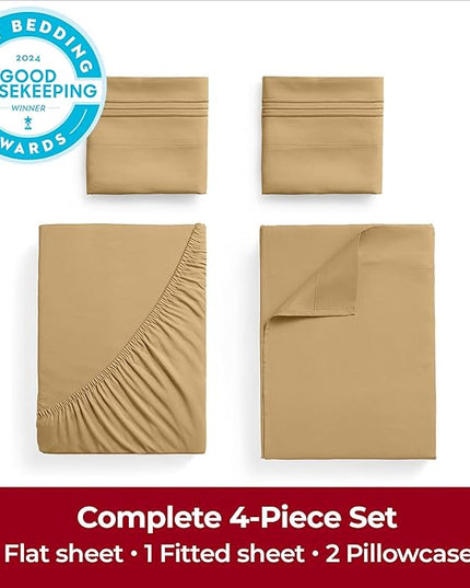 Mellanni King Sheets Set - 4 PC Iconic Collection Bedding Sheets & Pillowcases - Hotel Luxury, Extra Soft, Cooling Bed Sheets - Deep Pocket up to 16 inch (King, Gold) - LeafyLoom