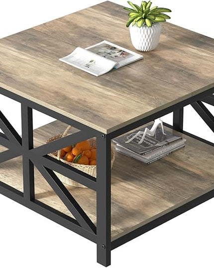 GreenForest Coffee Table with Storage, Small Coffee Table with Split Tabletop for Living Room, 27.6 inch Farmhouse Square Sofa Table Center Table for Small Spaces, Easy Assembly, Grey Wash - LeafyLoom