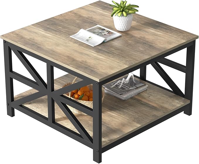 GreenForest Coffee Table with Storage, Small Coffee Table with Split Tabletop for Living Room, 27.6 inch Farmhouse Square Sofa Table Center Table for Small Spaces, Easy Assembly, Grey Wash - LeafyLoom