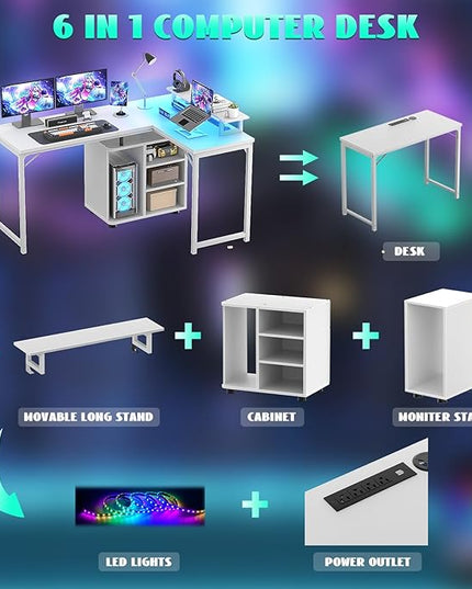 Cyclysio L Shaped Gaming Desk with Wood Cabinet, 58" Large Corner Desk with LED Lights & Power Outlet, Reversible Computer Desk with Monitor Stand, Home Office Desk 2 Person Corner Desk, White - LeafyLoom
