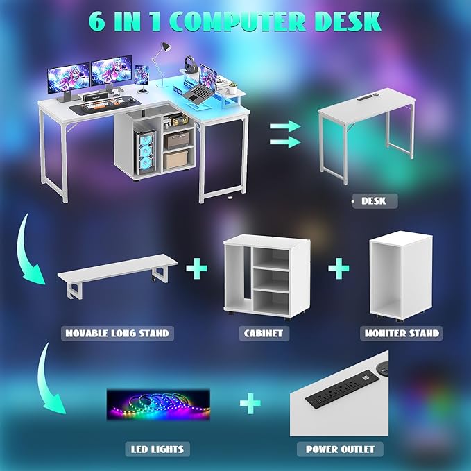 Cyclysio L Shaped Gaming Desk with Wood Cabinet, 58" Large Corner Desk with LED Lights & Power Outlet, Reversible Computer Desk with Monitor Stand, Home Office Desk 2 Person Corner Desk, White - LeafyLoom