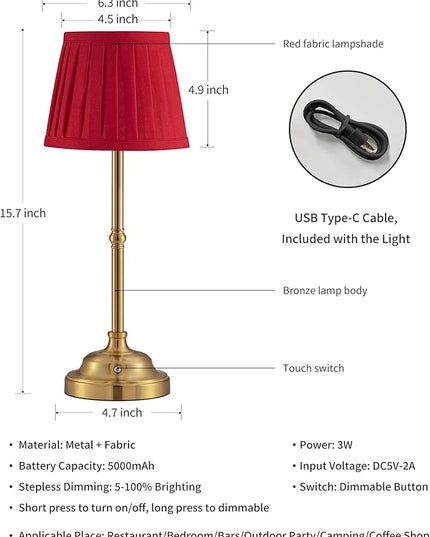 KDG Cordless LED Table Lamp Set of 2, Portables Fabric Shade Desk Lamps, 5000mAh Rechargeable Battery Powered Lighting, Dimmable Light for Dining Room, Bedroom, Bedside, Night Light, Balcony (Red) - LeafyLoom