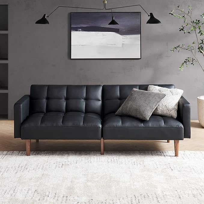 mopio Aaron Couch, Small Sofa, Futon, Sofa Bed, Sleeper Sofa, Loveseat, Mid Century Modern Futon Couch, Sofa Cama, Couches for Living Room, Bedroom (Midnight Black, Faux Leather) - LeafyLoom