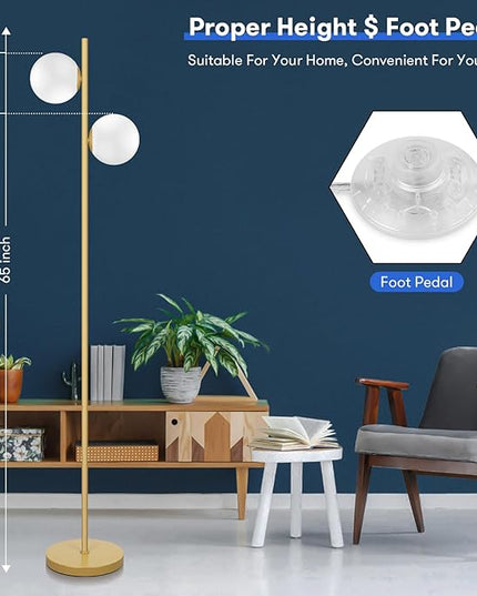 Mid Century Modern 2 Frosted Glass Globe Floor Lamp for Living Room,Contemporary LED Standing Light, Gold Corner Pole Office Bedroom, Study Room, Hotel, Antique Brass Lighting - LeafyLoom