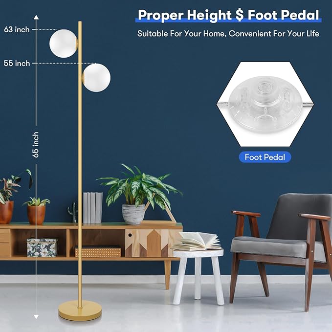 Mid Century Modern 2 Frosted Glass Globe Floor Lamp for Living Room,Contemporary LED Standing Light, Gold Corner Pole Office Bedroom, Study Room, Hotel, Antique Brass Lighting - LeafyLoom