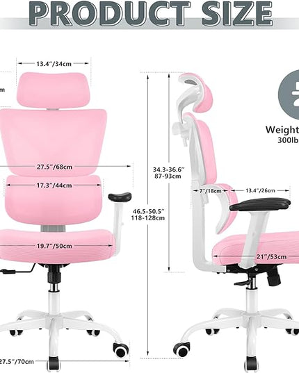 Office Chair Ergonomic Desk Chair, High Back Gaming Chair, Big and Tall Reclining chair Comfy Home Office Desk Chair Lumbar Support Breathable Mesh Computer Chair Adjustable Armrests (Pink) - LeafyLoom