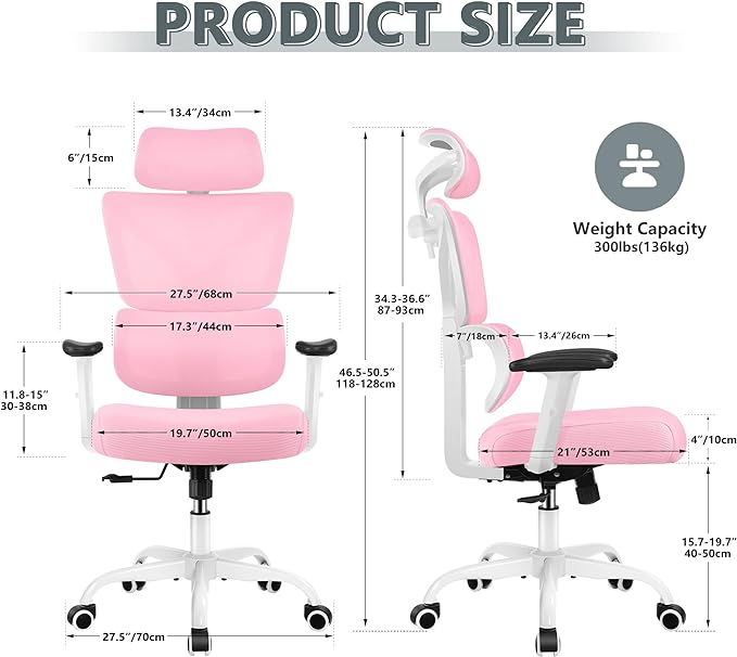 Office Chair Ergonomic Desk Chair, High Back Gaming Chair, Big and Tall Reclining chair Comfy Home Office Desk Chair Lumbar Support Breathable Mesh Computer Chair Adjustable Armrests (Pink) - LeafyLoom