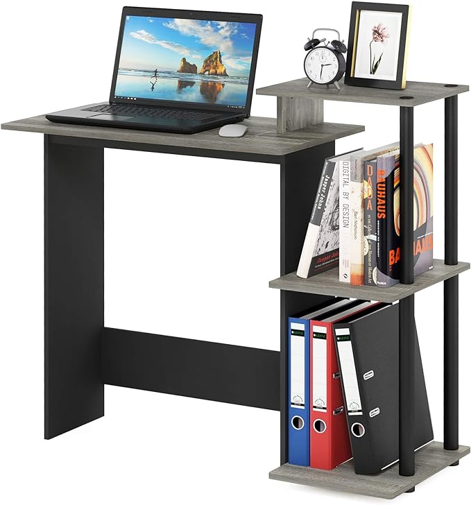 Furinno Efficient Home Laptop Notebook Computer Desk with Square Shelves, French Oak Grey/Black - LeafyLoom