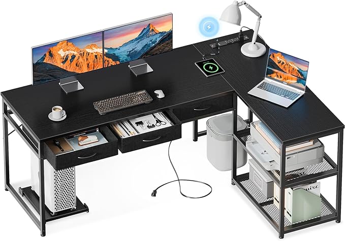 AODK 61 Inch L Shaped Computer Desk with Drawers, Corner Desk with Power Outlets & Reversible Storage Shelves, Movable CPU Stand for Home Office Gaming, Black - LeafyLoom