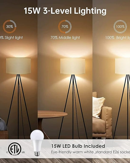 BoostArea Floor Lamp for Living Room, Tripod Floor Lamp, 15W LED Bulb, 3 Levels Dimmable Brightness, White Linen Lamp Shade, Mid Century Standing Lamp for Living Room, Bedroom, Study Room and Office - LeafyLoom