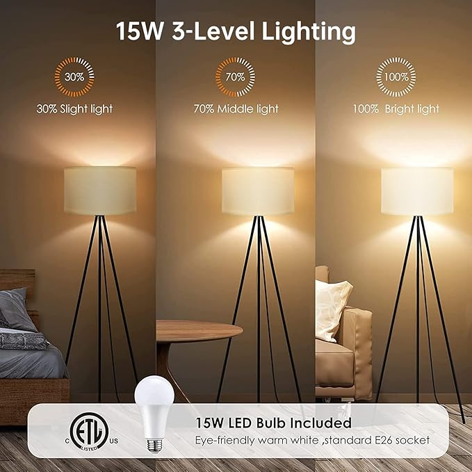 BoostArea Floor Lamp for Living Room, Tripod Floor Lamp, 15W LED Bulb, 3 Levels Dimmable Brightness, White Linen Lamp Shade, Mid Century Standing Lamp for Living Room, Bedroom, Study Room and Office - LeafyLoom