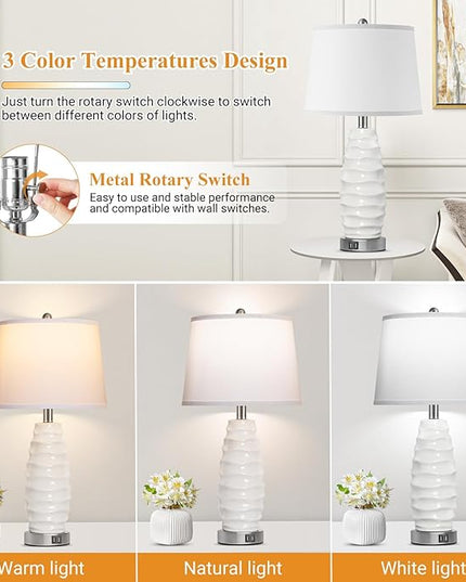 QiMH White Table Lamp Set of 2, 26" Farmhouse Bedside Lamps for Bedroom with USB Port, Modern Ceramic Lamp with White Shade Nightstand Living Room Decor, LED Bulb Included - LeafyLoom