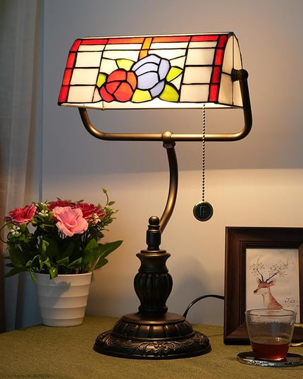 Bankers Lamp,Stained Glass Lamp,Dimmable Vintage Desk Lamp for Home Office Workplace Nightstand Bedroom Library Piano LED Bulb Included (roses) - LeafyLoom