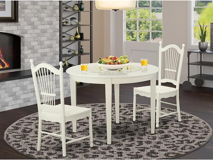 East West Furniture Boston 3 Piece Set Contains a Round Kitchen Table and 2 Dining Chairs, 42x42 Inch, Linen White - LeafyLoom