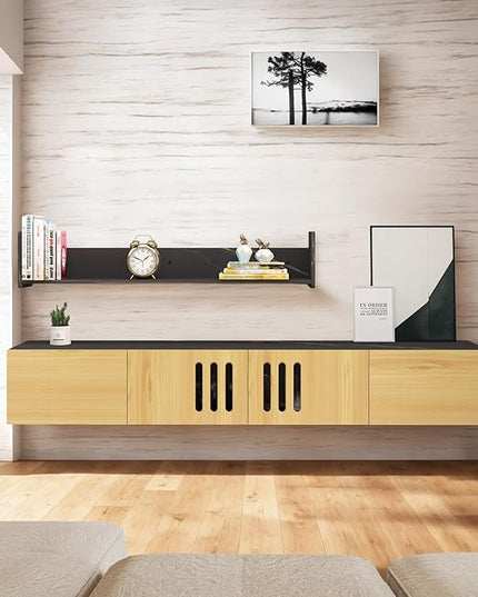 Pmnianhua Mid Century TV Stand,85'' Wall Mounted TV Cabinet,Low TV Bench Under TV Entertainment Center Shelf TV Console Table with 4 Cabinets for Living Room Bedroom(Light Oak) - LeafyLoom