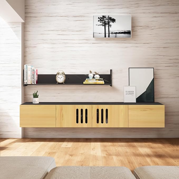 Pmnianhua Floating TV Stand,76'' Wall Mounted TV Cabinet, Mid Century TV Bench Under TV Entertainment Center Shelf TV Console Table with 4 Cabinets for Living Room Bedroom (Light Oak) - LeafyLoom