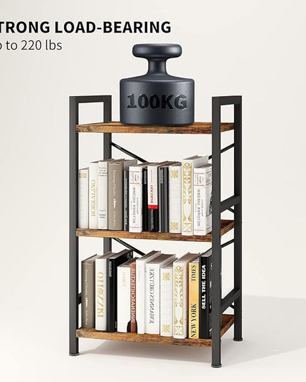 Bookshelf, 3 Tier Industrial Bookcase, Metal Small Bookcase, Rustic Etagere Book Shelf Storage Organizer for Living Room, Bedroom, and Home Office(Rustic Brown) Patent Pending D29873033 - LeafyLoom