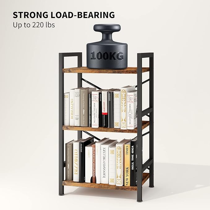 Bookshelf, 3 Tier Industrial Bookcase, Metal Small Bookcase, Rustic Etagere Book Shelf Storage Organizer for Living Room, Bedroom, and Home Office(Rustic Brown) Patent Pending D29873033 - LeafyLoom